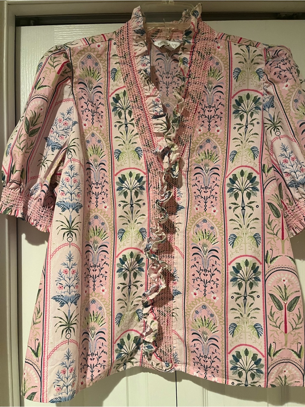 crown & ivy Pink Floral Ruffle V-Neck Blouse
